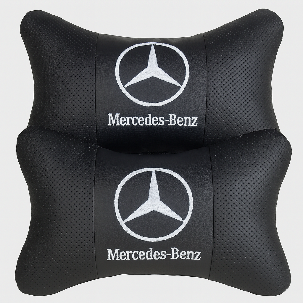 Mercedes-Benz Neck Rest Pillow – 2 Pack Car Headrest Cushions (Black Leather)