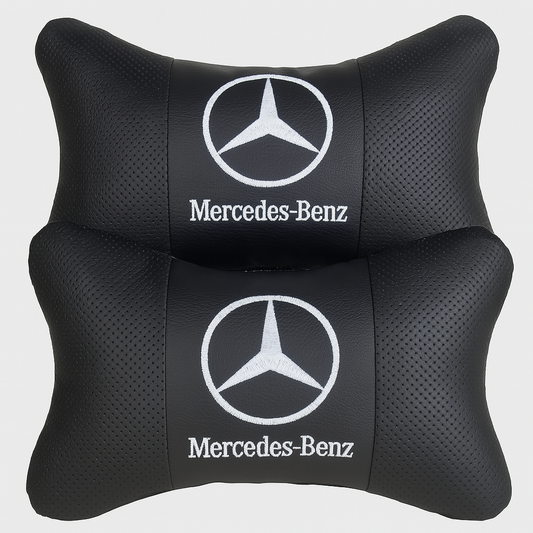 Mercedes-Benz Neck Rest Pillow – 2 Pack Car Headrest Cushions (Black Leather)