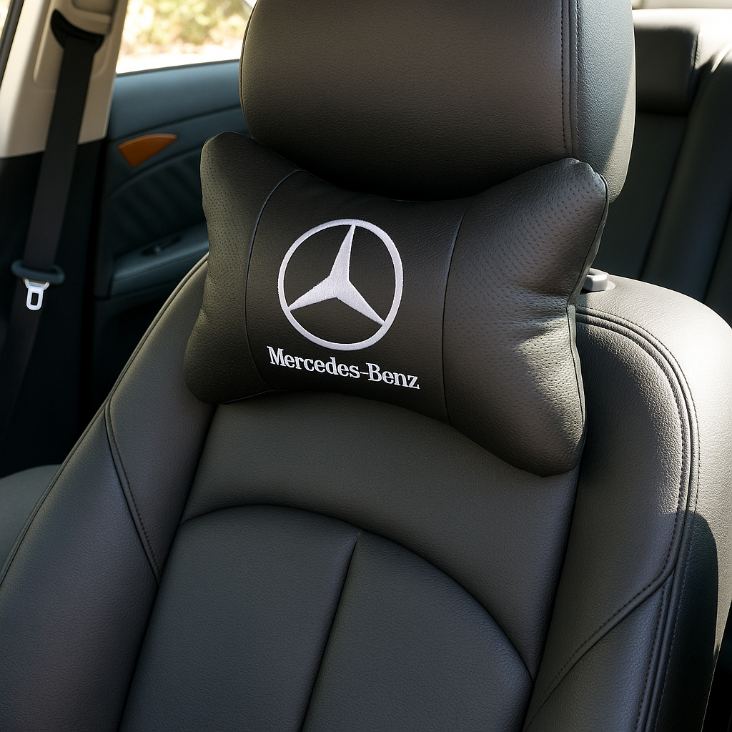 Mercedes-Benz Neck Rest Pillow – 2 Pack Car Headrest Cushions (Black Leather)