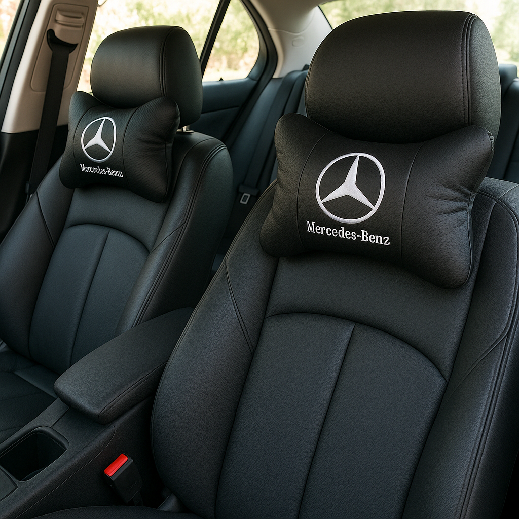 Mercedes-Benz Neck Rest Pillow – 2 Pack Car Headrest Cushions (Black Leather)