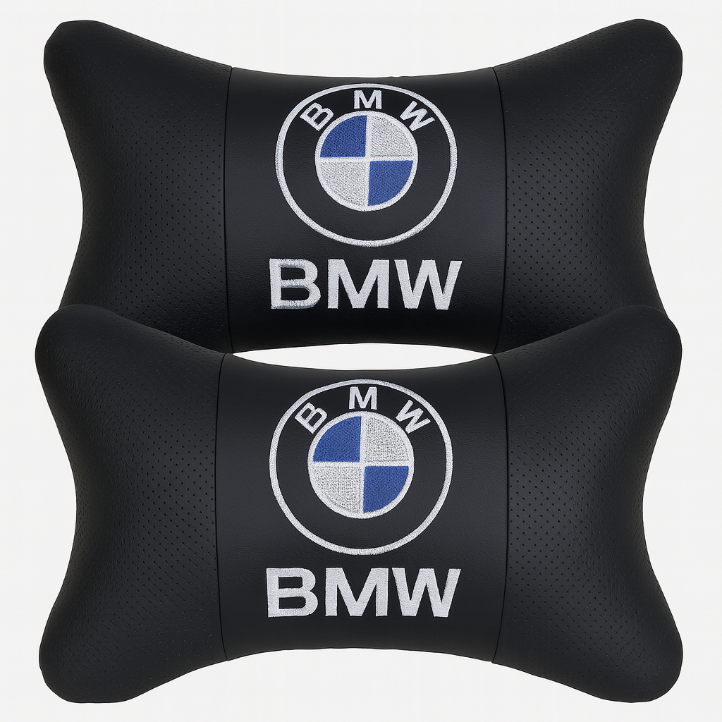 BMW Neck Rest Pillows – Set of 2 Luxury Car Headrest Cushions (Black Leather)