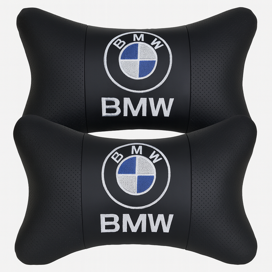 BMW Neck Rest Pillows – Set of 2 Luxury Car Headrest Cushions (Black Leather)