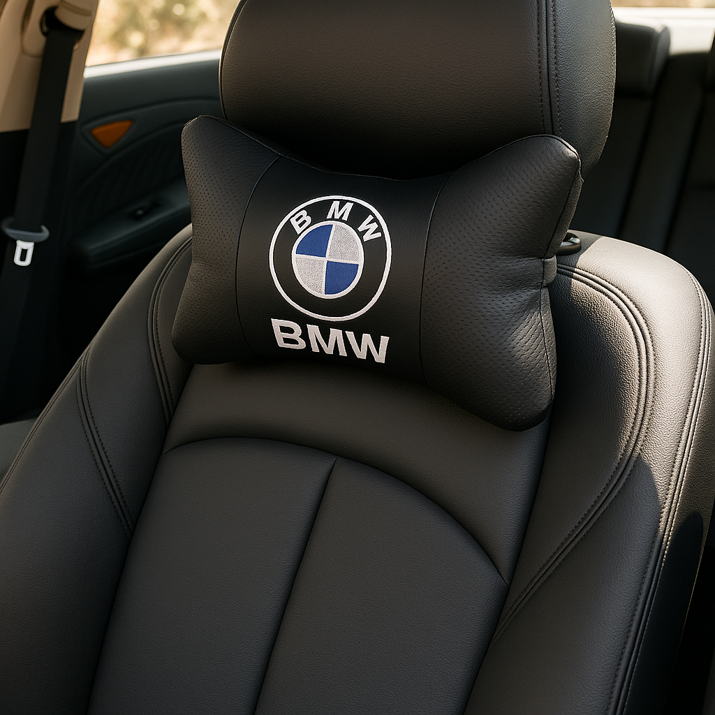 BMW Neck Rest Pillows – Set of 2 Luxury Car Headrest Cushions (Black Leather)