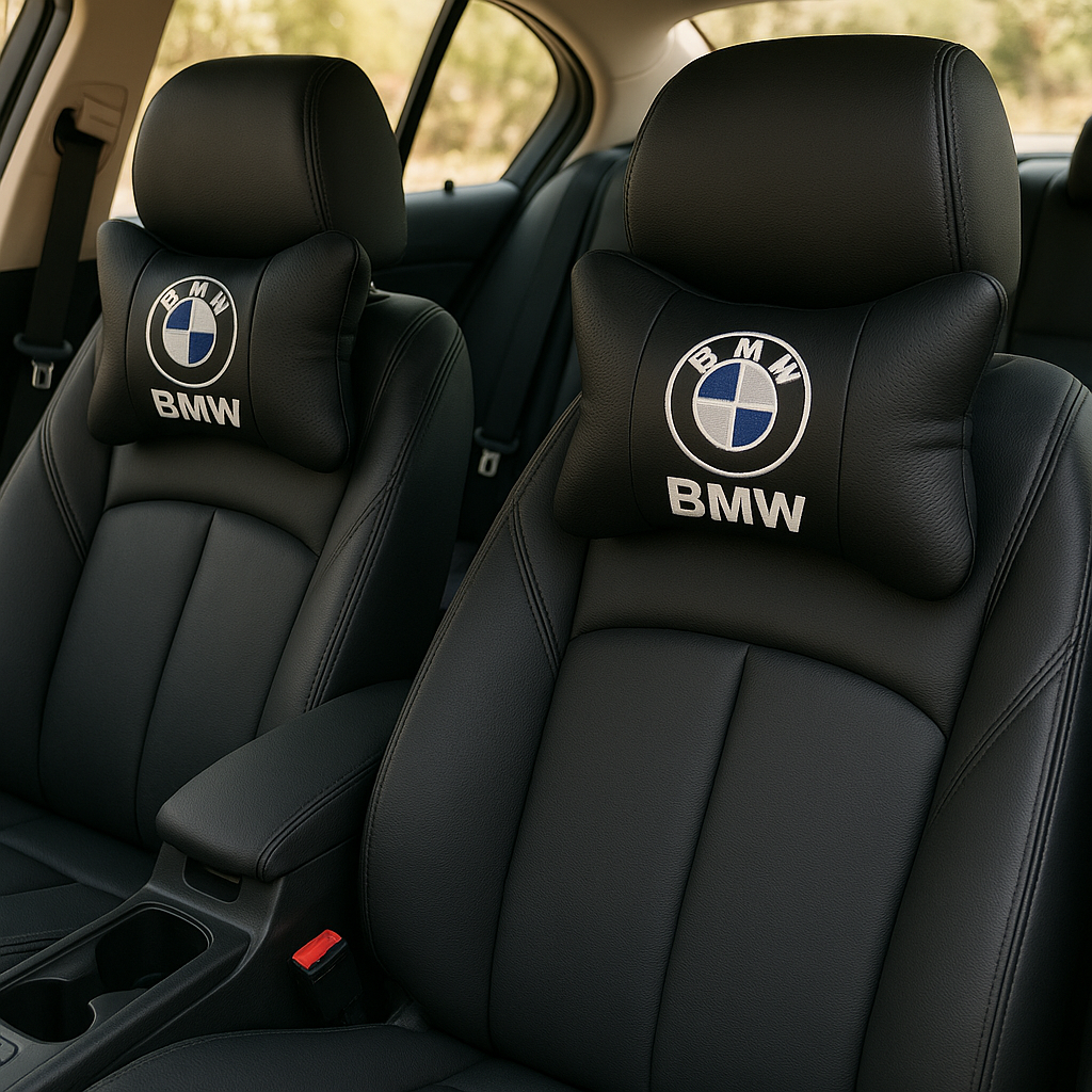 BMW Neck Rest Pillows – Set of 2 Luxury Car Headrest Cushions (Black Leather)