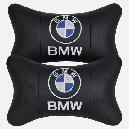 BMW Neck Rest Pillows – Set of 2 Luxury Car Headrest Cushions (Black Leather)